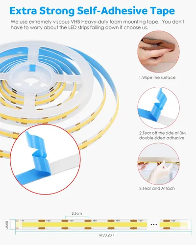 Miniatura 6 de Aclorol Tira de luz LED COB regulable de 5 V alimentada por USB, 6.56 pies, luz de tira LED blanca fría para dormitorio, sin puntos, 640 LED, cinta