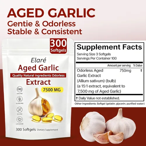 Elare Cápsulas de extracto de ajo envejecido de 7500 mg sin olor, 600 unidades, suplemento de ajo, 2 años de maduración, para apoyo cardíaco e