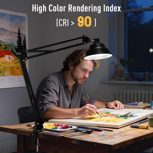Miniatura 6 de Lámpara de escritorio LED para oficina en casa, lámpara de escritorio con brazo oscilante con abrazadera, lámpara de mesa de cuello de cisne Negro