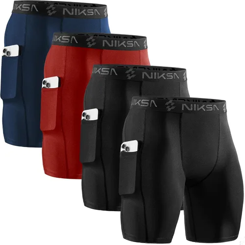 Miniatura 23 de Niksa Paquete de 2/4 pantalones cortos de compresión para hombre con bolsillo, pantalones cortos de elastano para correr, deportes, atletismo