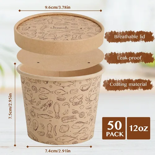 Miniatura 2 de LITOPAK Paquete de 50 recipientes de papel de 12 onzas con tapas ventiladas, vasos de papel kraft para alimentos, recipientes de sopa con tapas