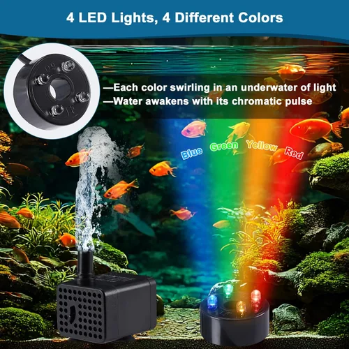 Miniatura 2 de Mini bomba sumergible de 70 GPH con luces LED (260 L/H, 3 W), bomba de agua sumergible para acuario ultra silenciosa, bombas de fuente de estanque