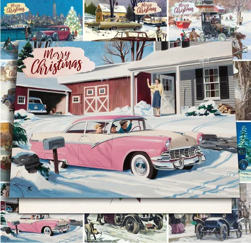PIXILUV Tarjetas de felicitación de Navidad 12 tarjetas grandes ~ Autos clásicos y la nieve ~ Reimpresión de postales vintage