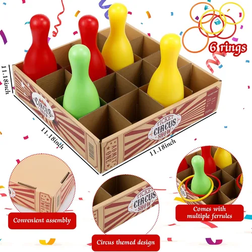 Miniatura 4 de Wettarn Juego de lanzamiento de botellas de carnaval, incluye una caja de boletos de circo, 6 botellas de plástico y 6 anillos de tiro para verano