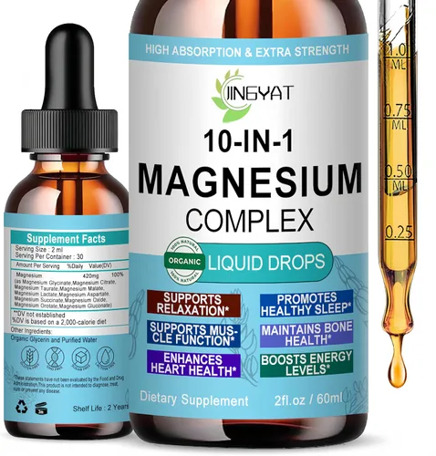 Gotas de complejo de magnesio de alta absorción | Complejo de magnesio líquido 10 en 1 para mujeres y hombres con glicinato, citrato, taurato | para