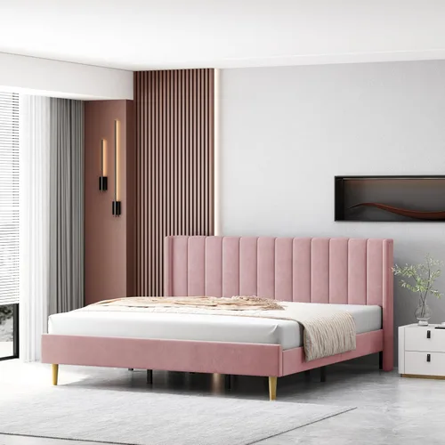 Miniatura 39 de Base de cama Queen con cabecero, base de cama de plataforma con respaldo de terciopelo vertical copetudo, soporte de listones de madera, no necesita