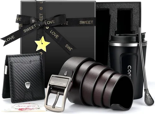 HUAPUDA Mens Birthday Gifts for Daughter Son Kid Wife for Dad Personalized Gifts for Men with Coffee Mug Wallet and Belt for Husband Boyfriend Mens