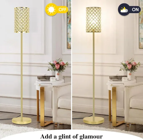 Miniatura 2 de Lámpara de pie dorada, lámpara de pie de cristal con pantalla decorativa, lámpara de pie con interruptor de pie de encendido/apagado y base E26