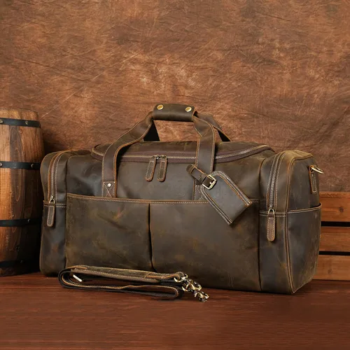 Miniatura 6 de Polare - Bolsa de lona de cuero de grano completo para hombre, de 24 pulgadas, para viajes, gimnasio, deportes, fin de semana, grande, Marrón, Retro