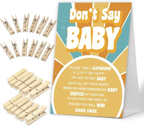 No digas juego de bebé, Here Comes the Sun, juego de baby shower incluye letrero de baby shower y 50 pinzas para la ropa, decoración de baby shower