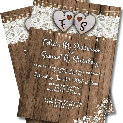 Miniatura 2 de Cantidad de 25 invitaciones de boda País Corazón y sobres de encaje impreso con texto blanco Rustic Theme, Envelopes Included, Printed