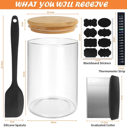 Miniatura 2 de Kmise Tarro para Masa Madre, Kit de Tarro para Masa Madre de Vidrio DIY Pro de 34 Oz con Termómetro, Espátula de Silicona, Calcomanías de Pizarra