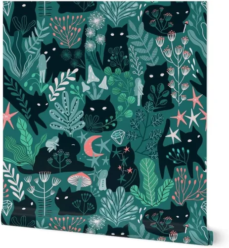 Spoonflower Papel tapiz para despegar y pegar, diseño de gatos del bosque verde, hada, elfos, gatito, verano, primavera, gatito, bebé, niño, papel