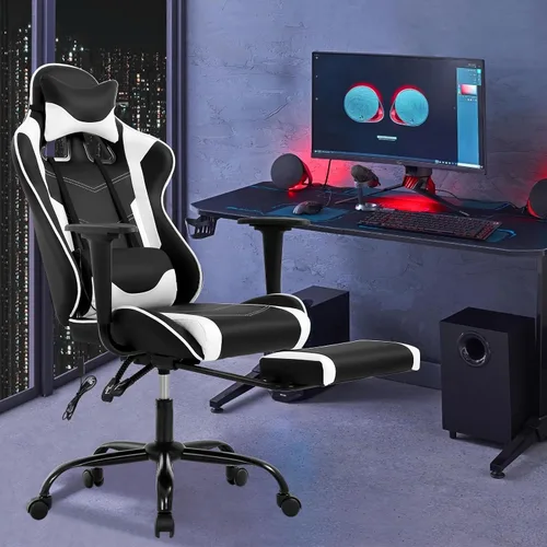 Miniatura 2 de Silla ergonómica para juegos de PC, silla de oficina de carreras, silla de videojuegos, función de masaje, soporte lumbar con reposabrazos Blanco