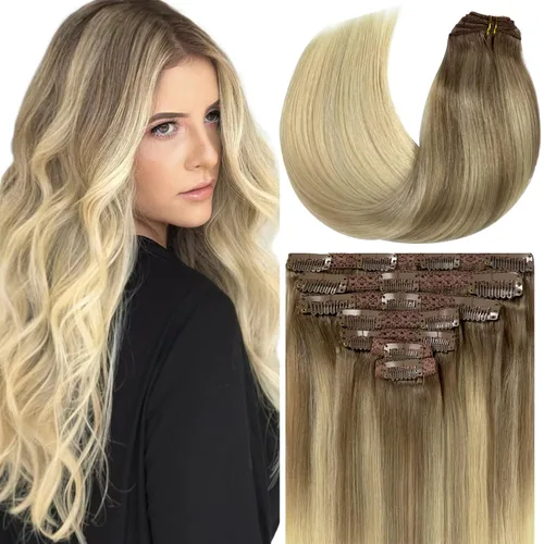 Miniatura 61 de Loxxy Extensiones de cabello humano con clip, sin costuras, 22 pulgadas, color marrón oscuro a castaño oscuro y marrón oscuro, 7 piezas
