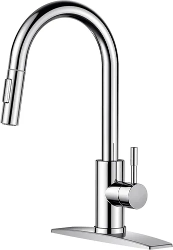 Miniatura 13 de FORIOUS Grifo de cocina con rociador desplegable, níquel cepillado, arco alto, moderno, clásico, grifo de fregadero de acero inoxidable con placa