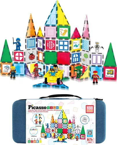 PicassoTiles - Juego de 100 piezas de bloques de construcción magnéticos con estuche de transporte, base de auto magnética, 8 personajes magnéticos,