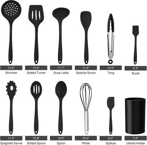 Miniatura 2 de LIANYU Juego de utensilios de cocina de silicona negra de 12 piezas con soporte, herramientas de cocina que incluyen espátula ranurada, cuchara