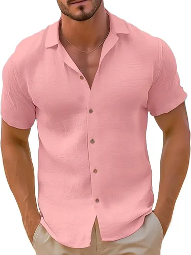 Miniatura 5 de Camisa de guayabera cubana para hombre, estilo casual, con botones, de manga corta, para verano, playa, hippie, color sólido, tops de trabajo