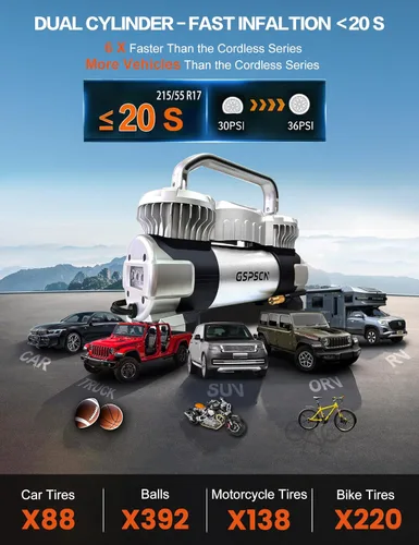 Miniatura 2 de GSPSCN - Inflador digital de neumáticos 12V Compresor de aire portátil de metal resistente 6X Faster Inflation Auto Shut-off Dual Cylinder Air