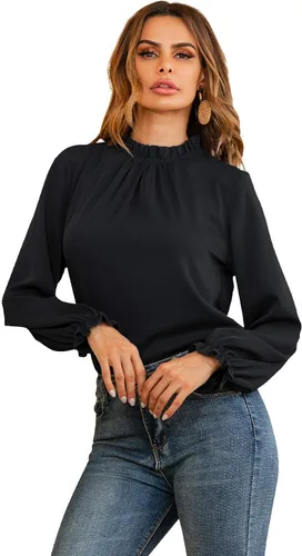Miniatura 3 de LYANER Blusa de manga larga con volantes y cuello alto para mujer