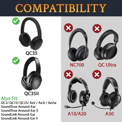 Miniatura 2 de SoloWIT Almohadillas de repuesto para auriculares Bose QuietComfort 35 (QC35) y Quiet Comfort 35 II (QC35 ii), almohadillas con cuero más suave