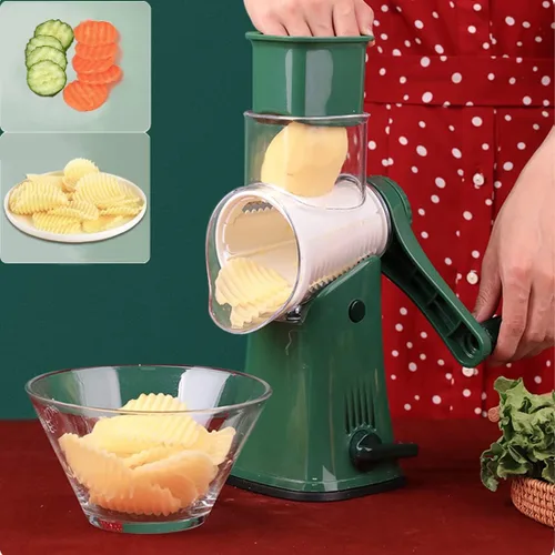 Miniatura 3 de Rallador de queso giratorio manual, 5 cuchillas intercambiables, mandolina redonda, trituradora de verduras, trituradora de tambor, picadora de Verde