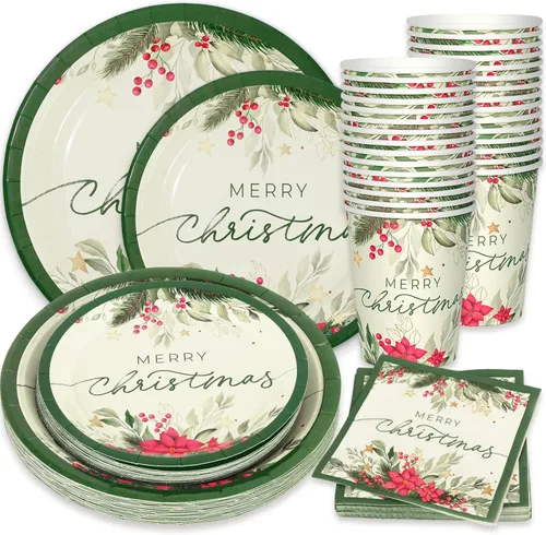 Whaline Juego de 24 platos de papel de acebo de Navidad, tazas, servilletas, decoraciones de fiesta, nochebuena, muérdago, platos desechables, juego