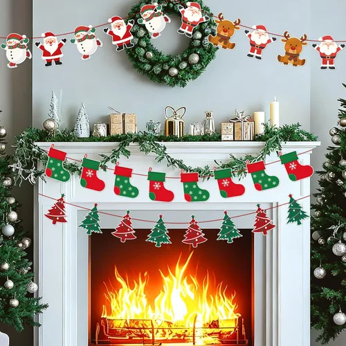Miniatura 5 de jijAcraft Paquete de 4 pancartas de Navidad, decoraciones de Navidad con diseños de Papá Noel, muñeco de nieve, reno y árbol, guirnalda colgante
