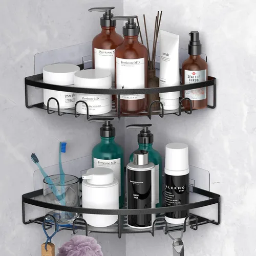 Organizador de esquina para ducha, paquete de 2 estantes organizadores adhesivos para baño, ducha, sin perforaciones, a prueba de óxido, para montar
