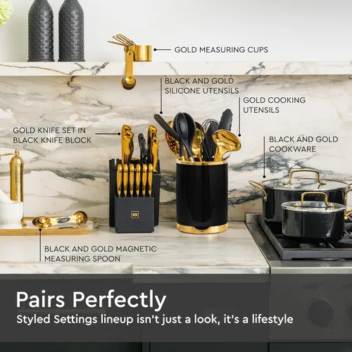 Miniatura 4 de STYLED SETTINGS Soporte para utensilios de cocina negro y dorado con soporte de cuchara integrado, 2 soportes grandes de cerámica para utensilios