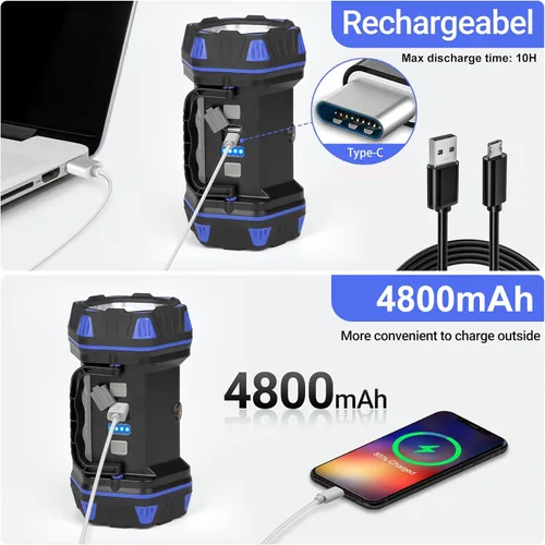 Miniatura 5 de Linterna LED de campamento recargable, linterna de campamento de 1500 lm, 8 modos de luz, luces de campamento de capacidad 4800, luz de flash Azul