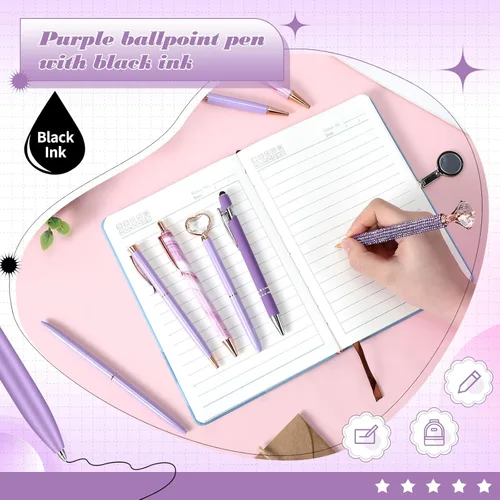 Miniatura 3 de Supervitae 8 Bolígrafos Morados para Mujer, Papelería Escolar, Regalos de Diario, Arena Líquida con Purpurina, Bolígrafos de Tinta Negra, Regalos