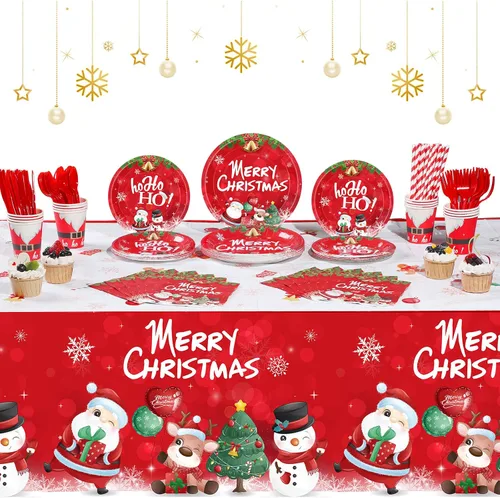 194 piezas de juego de vajilla para fiesta de Navidad con temática linda de Santa y muñeco de nieve, suministros para fiesta de Navidad, mantel,