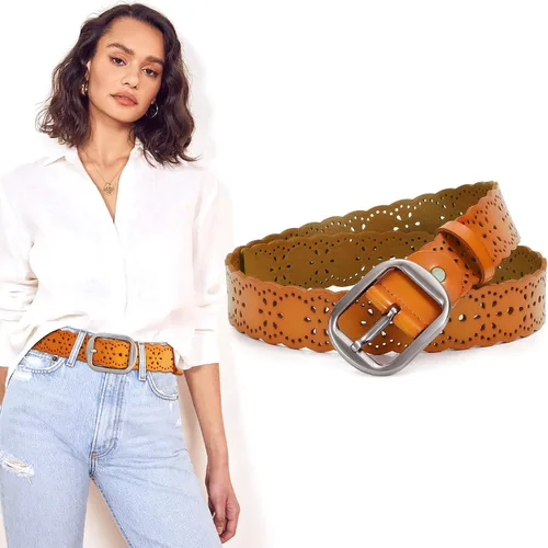 SUOSDEY Cinturones de cuero anchos florales huecos para las mujeres con hebilla de metal ancho de la correa 1.5 pulgadas, A-naranja-marrón,