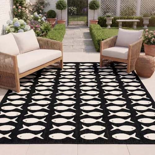 Miniatura 6 de SAFAVIEH Alfombra lavable para exteriores, colección Patio de 2.3 x 6.7 pies, color negro y beige, no desprende pelusa y fácil limpieza, ideal