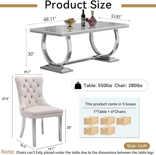 Miniatura 4 de Juego de mesa de comedor de mármol sintético, 7 piezas, juego de mesa de cocina y comedor para 6, mesa de comedor rectangular blanca de 70 pulgadas