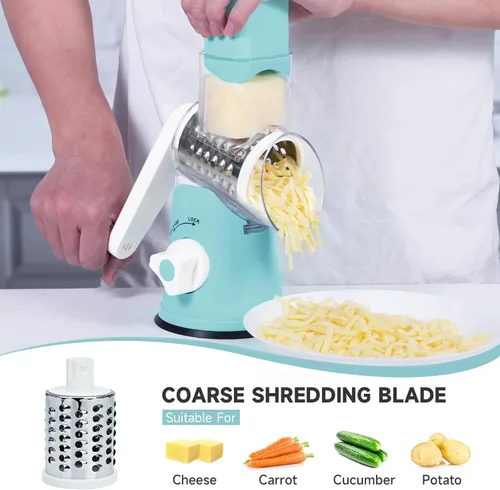 Miniatura 2 de Rallador giratorio de queso, rallador de queso con manivela de mano con 3 cuchillas intercambiables, rallador de queso manual con base de succión