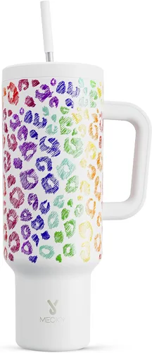 Miniatura 30 de Meoky - Vaso de 30 oz con asa, tapa y pajilla, taza de viaje térmica de acero inoxidable 100% a prueba de fugas, para portavasos, mantiene el frío