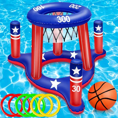 Juguetes de piscina con la bandera estadounidense para adolescentes y adultos, 250 aniversario, aro de baloncesto flotante 2 en 1, juego de
