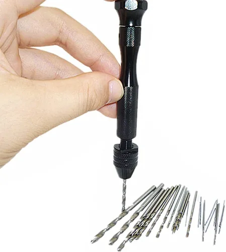 Miniatura 2 de Mini abrazadera universal de banco de mesa con tornillo de banco + tornillo de precisión, modelo taladro manual con 20 brocas giratorias para tallar