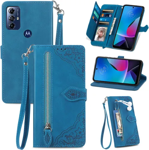 Funda tipo cartera para Moto G Pure/G Power 2022/G Play 2023, funda de piel sintética de lujo con cremallera y soporte para tarjeta de crédito,