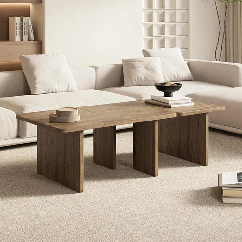 Miniatura 2 de Mesa de centro moderna doble en forma de L, mesa central con acabado de madera de roble, dispuesta libremente para adaptarse a cualquier espacio
