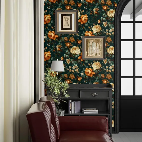 Miniatura 2 de Fvlow Papel Tapiz Floral Brillante Despegar y Pegar Vintage Verde Oscuro 17.4" x 118" Envoltura de Vinilo para Encimera Autoadhesivo Removible