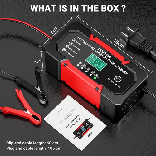Miniatura 9 de Cargador de Batería 10A 12V Cargador de Batería de Coche Completamente Automático Inteligente con Pantalla LCD y Compensación de Temperatura