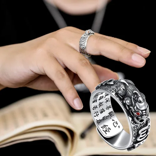 Miniatura 6 de HJ HUAJ 990 Silver Feng Shui PiXiu Adjustable Ring MANI Mantra Protection Wealth Ring