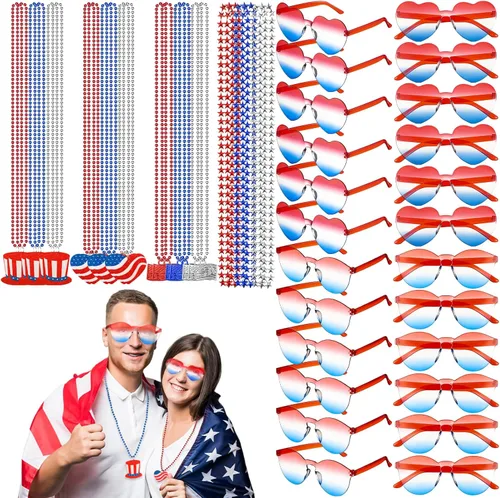 Ferreve 48 piezas de accesorios de fiesta del 4 de julio, incluye 24 collares de cuentas patrióticas, 24 lentes de sol de corazón, gafas redondas