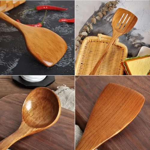 Miniatura 8 de Espátula de madera, espátula ranurada, cucharón de sopa, juego de utensilios de mango largo, hecho a mano para utensilios de cocina