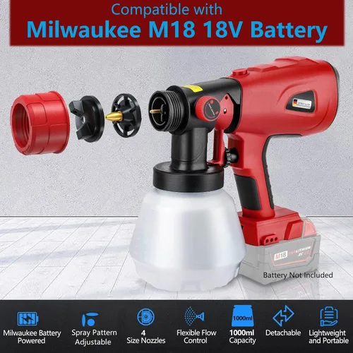Miniatura 2 de Pulverizador de pintura inalámbrico compatible con batería Milwaukee M18 de 18 V, capacidad de 33.8 fl oz, pistola de pintura en aerosol HVLP, 3