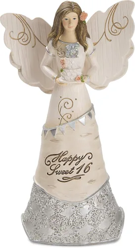 Pavilion - Happy Sweet 16 - Figura de ángel sosteniendo un pastel de cumpleaños, 6 pulgadas, color plateado